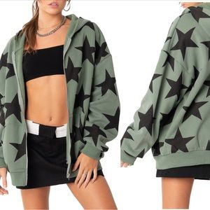 NWOT Edikted Zip Up Hoodie | Green with Black Stars | Fleece-lined